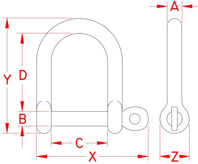 Stainless Steel Wide D Shackle with Screw Pin, S0114-0006, S0114-0008, S0114-0010, S0114-0012, Line Drawing